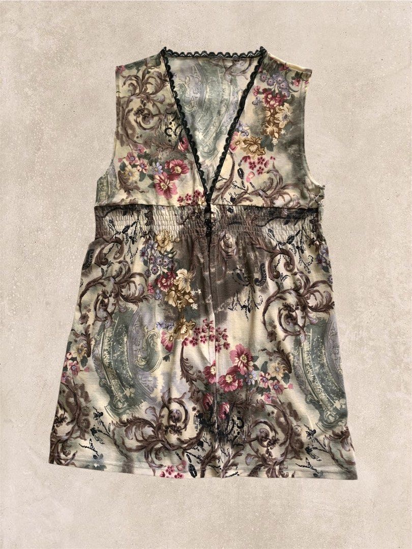 mori kei sleeveless floral artsy boho vintage floral print top midi mini  tunic dress shortsleeve motif bunga print