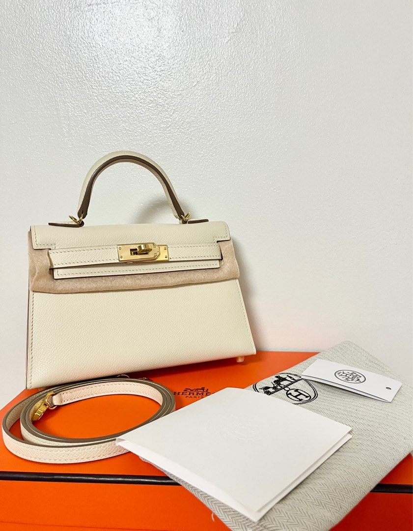 Hermes mini kelly white (Category: Luxury Bags & Wallets) located in Quezon City. Submitted by red_velvetbox (Listing ID 1379371062, Image 1). Description: Hermes mini kelly white with strap, le cuir hermes, box, dustbag epsom leather hand stitched top notch quality .