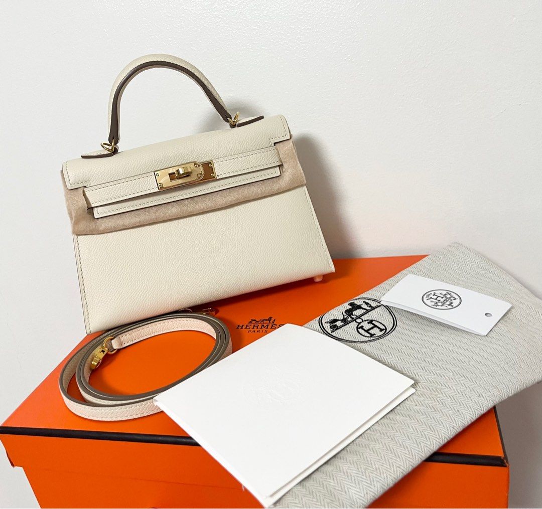 Hermes mini kelly white (Category: Luxury Bags & Wallets) located in Quezon City. Submitted by red_velvetbox (Listing ID 1379371062, Image 2). Description: Hermes mini kelly white with strap, le cuir hermes, box, dustbag epsom leather hand stitched top notch quality .