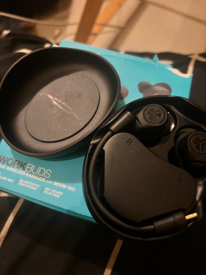 JLab Work Buds (Category: Earphones) located in Makati City. Submitted by carlotorrijos17 (Listing ID 1379451756, Image 2). Description: JLab Work Buds in-Ear True Wireless Headset with Detachable Noise-Canceling Boom Mic Long 55+ Total Hours Playtime Bluetooth Multipoint USB-C Charging Dock As in kakabukas lang for trial. SF will be shouldered by the buyer. RFS: Funds Slightly Negotiable.