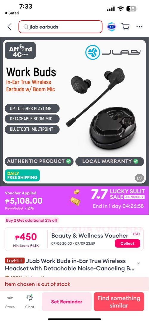 JLab Work Buds (Category: Earphones) located in Makati City. Submitted by carlotorrijos17 (Listing ID 1379451756, Image 3). Description: JLab Work Buds in-Ear True Wireless Headset with Detachable Noise-Canceling Boom Mic Long 55+ Total Hours Playtime Bluetooth Multipoint USB-C Charging Dock As in kakabukas lang for trial. SF will be shouldered by the buyer. RFS: Funds Slightly Negotiable.