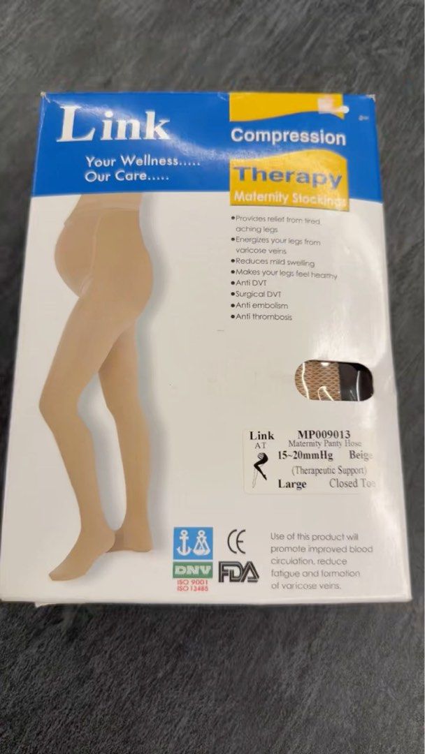 Link Compression Therapy Maternity Stockings (Category: Maternity Care) located in Singapore. Submitted by jojo2112_ (Listing ID 1379477883, Image 1). Description: - Link Compression Therapy Maternity Panty Hose - Size: Large - Color: Beige - Benefits: - Relieves tired, aching legs - Energizes legs - Reduces mild swelling - Promotes healthy legs - Anti-DVT, anti-embolism, anti-thrombosis - Condition: Lightly used Self collect at 209A or arrange d