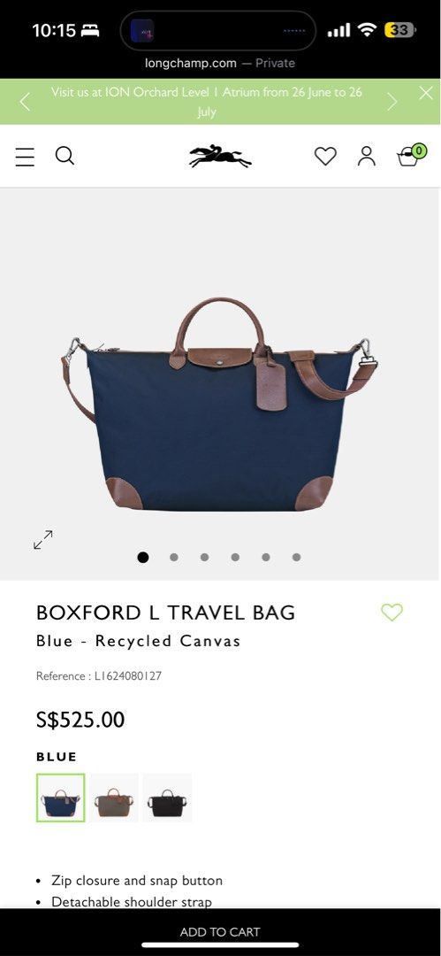 Longchamp Boxford L Travel Bag - Blue (Category: Bags & Wallets) located in Singapore. Submitted by cyykrystal (Listing ID 1379483733, Image 3). Description: Brandnew Stylish Longchamp Boxford L Travel Bag in blue. Made from recycled polyester canvas with cowhide leather trim. Features a zipped and snap closure, removable strap, and a flat pocket inside. Dimensions: 45cm (L) x 35cm (H) x 23cm (W). .