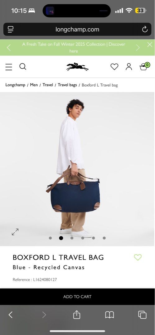 Longchamp Boxford L Travel Bag - Blue (Category: Bags & Wallets) located in Singapore. Submitted by cyykrystal (Listing ID 1379483733, Image 2). Description: Brandnew Stylish Longchamp Boxford L Travel Bag in blue. Made from recycled polyester canvas with cowhide leather trim. Features a zipped and snap closure, removable strap, and a flat pocket inside. Dimensions: 45cm (L) x 35cm (H) x 23cm (W). .