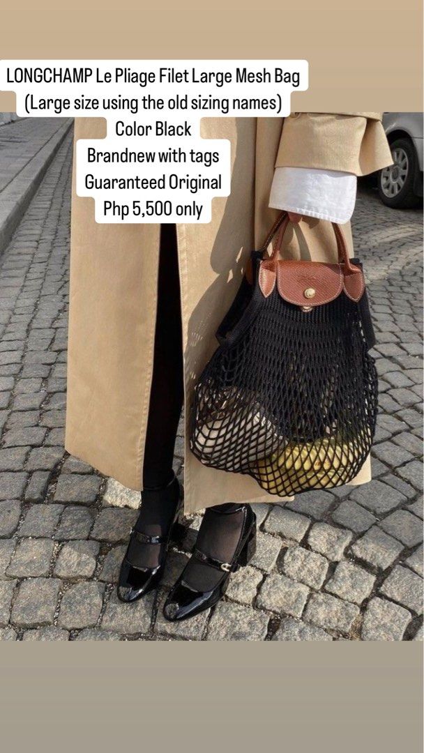 LONGCHAMP Le Pliage Filet Large Mesh Bag (Category: Luxury Bags & Wallets) located in Bacolod City. Submitted by usedbyc (Listing ID 1379490623, Image 1). Description: LONGCHAMP Le Pliage Filet Large Mesh Bag (Large size using the old sizing names) Color Black Brandnew with tags Guaranteed Original Inner cloth not included Php 5,500 only.