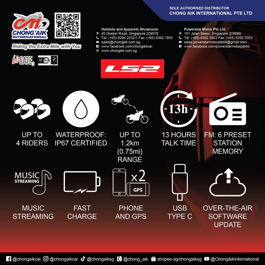 LS2 Intercom System 4X (Category: Motorcycle Accessories) located in Singapore. Submitted by chong_aik (Listing ID 1379406730, Image 2). Description: PRICE NOW $280.00 (U.P. $350.00) Talk, ride, and connect - introducing the #LS2 Intercom System 4X - powered by CARDO! Experience next-level helmet communication with features such as JBL audio, real-time intercom for up to 4 riders, natural voice operation, and all-weather durability! 📢 NOW AVAILA