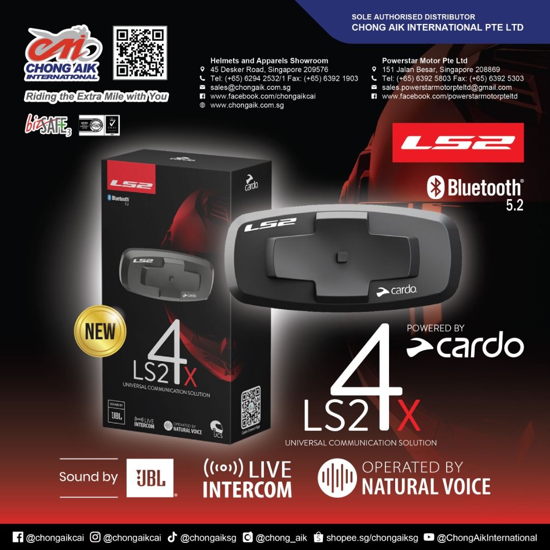 LS2 Intercom System 4X (Category: Motorcycle Accessories) located in Singapore. Submitted by chong_aik (Listing ID 1379406730, Image 1). Description: PRICE NOW $280.00 (U.P. $350.00) Talk, ride, and connect - introducing the #LS2 Intercom System 4X - powered by CARDO! Experience next-level helmet communication with features such as JBL audio, real-time intercom for up to 4 riders, natural voice operation, and all-weather durability! 📢 NOW AVAILA