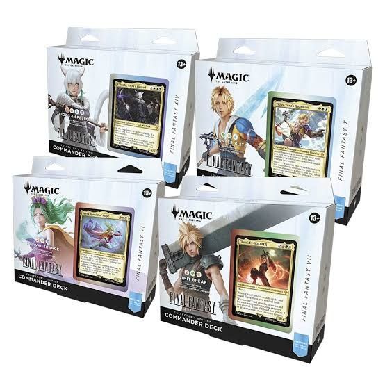 Magic: The Gathering Final Fantasy Commander Decks - Sealed Surge Foils (Category: Toys & Games) located in Singapore. Submitted by pozozo (Listing ID 1379352219, Image 1). Description: Selling sealed MTG X Final Fantasy collector commander decks All decks are factory sealed, include surge foils, collector booster sample pack, and all original contents. Available individually or as a full bundle: Limit Break (Cloud, FFVII) — $388 Scions and Spell