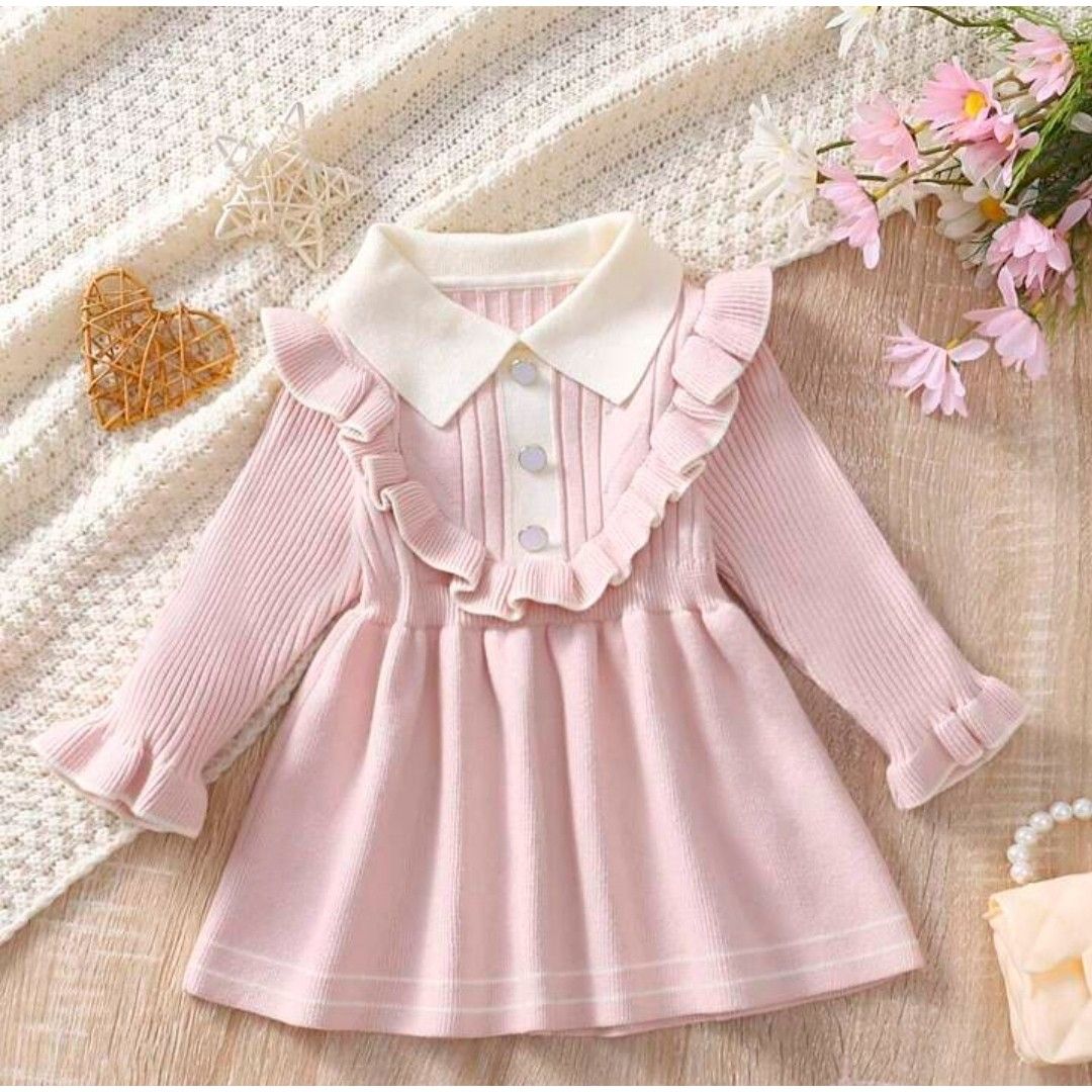 SHEIN Baby Girl Kids Ruffle Trim Flare Sleeve Button Front Sweater Dress (Category: Babies & Kids Fashion) located in Singapore. Submitted by luxgiftsg (Listing ID 1379392801, Image 1). Description: Material: Knitwear Style: Everyday Casual.