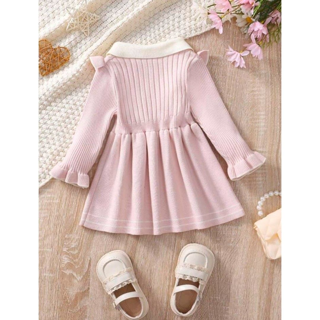 SHEIN Baby Girl Kids Ruffle Trim Flare Sleeve Button Front Sweater Dress (Category: Babies & Kids Fashion) located in Singapore. Submitted by luxgiftsg (Listing ID 1379392801, Image 2). Description: Material: Knitwear Style: Everyday Casual.