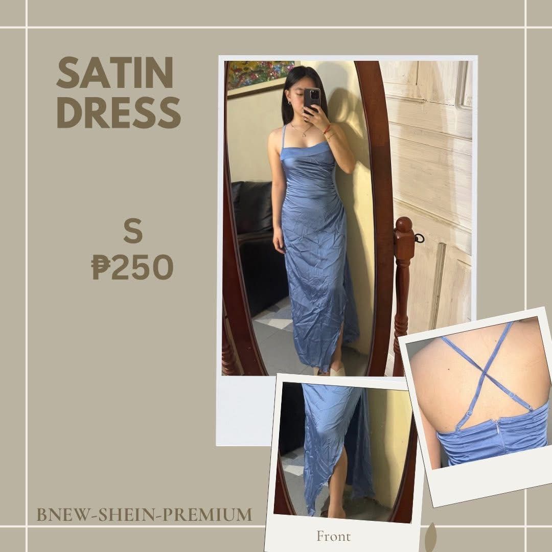 Shein Blue Elegant Satin Dress (Category: Dresses) located in Zaragoza. Submitted by yownabs (Listing ID 1379481629, Image 1). Description: 𐙚 Shein Premium Dress 𐙚 Brand New 𐙚 With Pouch 𐙚 Small on Tag (Best fits XS–S) 𐙚 Zipper Closure 𐙚 Not See-Through 𐙚 Elegant & Flattering Fit 𐙚 Perfect for Events, Dates, or Photoshoots .