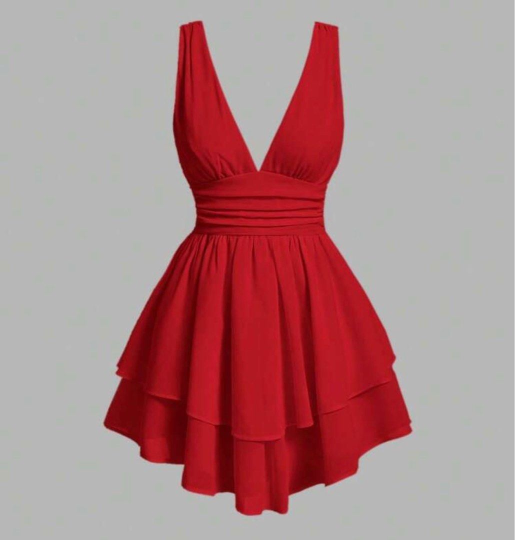 Shein Mod Red Ruched Waist Two Layer Hem Dress (Category: Dresses) located in Pasig City. Submitted by aihanaph (Listing ID 1379413888, Image 1). Description: Orig Price: 798 RFS: my boobs are too small for this 🥲.