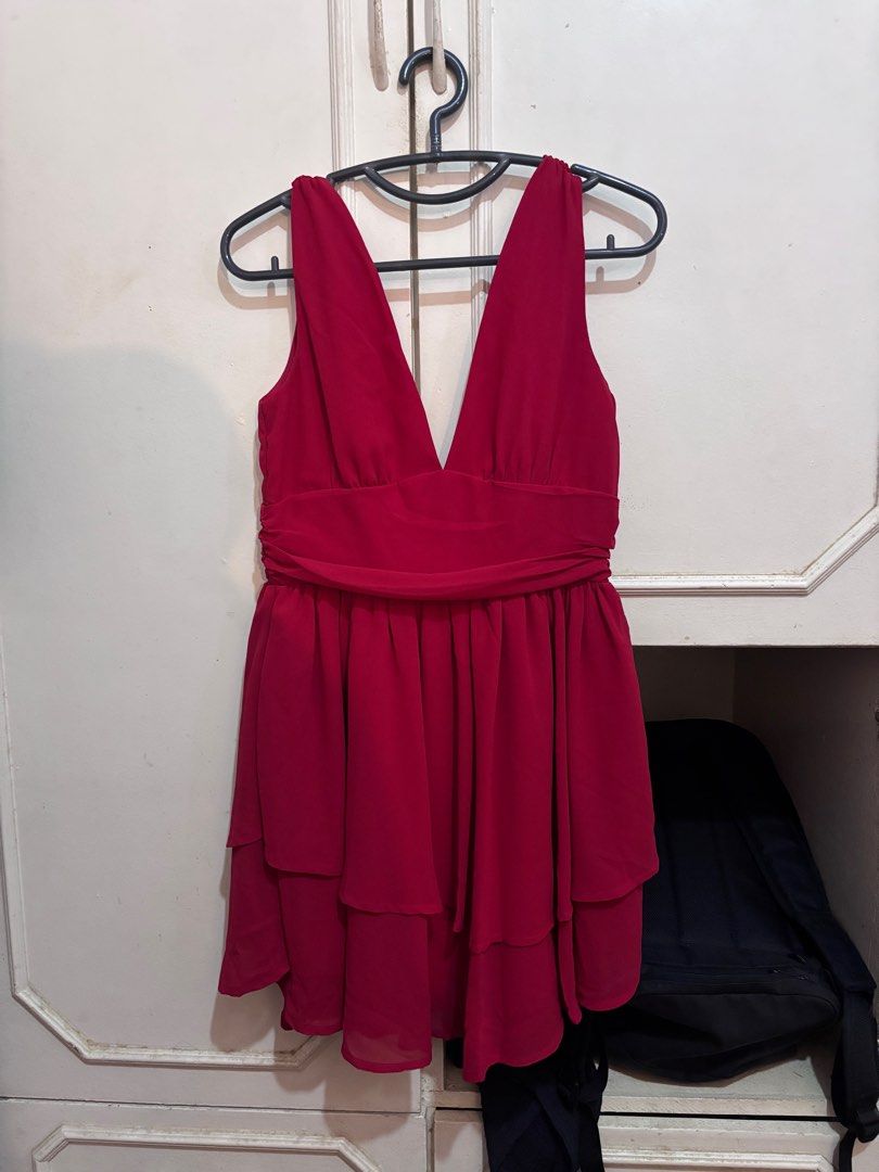 Shein Mod Red Ruched Waist Two Layer Hem Dress (Category: Dresses) located in Pasig City. Submitted by aihanaph (Listing ID 1379413888, Image 3). Description: Orig Price: 798 RFS: my boobs are too small for this 🥲.