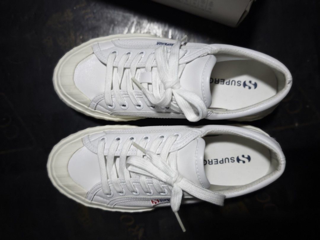SUPERGA platform leather/pu white sneakers US6 (Category: Sneakers) located in Manila. Submitted by ickaikai (Listing ID 1379468107, Image 1). Description: once or twice lang nagamit, maliit kasi saken. hindi ko nadin nasusuot. can do lalamove, kayo magbook shoulder ng buyer can do meet up at One Ayala or Ayala MRT station weekdays only, or petron espana blumentrit can do JNT, pero payment first via GCash..