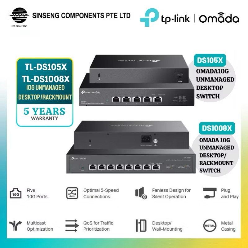 TP-LINK TL-SX105 | TL-SX1008 4 - 8 Port 10G Desktop/Rackmount 10G Network Switch ( Multi-Gigabit 10G / 5G / 2.5G / 1G ) TL-SX105 | TL-SX1008 - 3 Year SG Warranty (Category: Networking) located in Singapore. Submitted by SinsengComponentsPteLtd (Listing ID 1379484626, Image 2). Description: Est. 1971, Sinseng Components Pte Ltd , Formerly known as Sin Seng Radio & TV Parts Dealers located at Kelantan in 1960s, Sinseng Current Flagship Store is loc