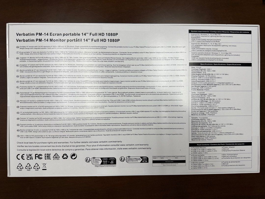 Verbatim Portable Monitor 14” Full HD 1080P PM-14 - Brand New63222782856577111