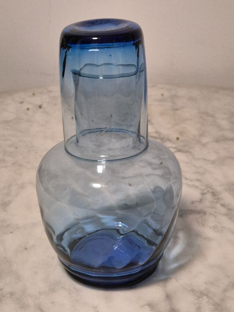 Vintage Blue Glass Carafe and Tumbler Set