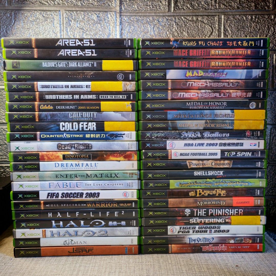 XBOX ORIGINAL GAMES / COLLECTION (Category: Xbox) located in Santa Rosa. Submitted by tristanmunoz (Listing ID 1379450522, Image 2). Description: FOR SALE XBOX ORIGINAL CLASSIC GAMES MAKE READING A HABIT COMMON TO RARE COPIES ALL GAMES ARE TESTED BEFORE POSTING NTSC REGION Area-51 - 900 Baldurs Gate Dark Alliance - 950 Batman Begins - 850 Brothers in Arms Earned in Blood - 500 Brothers in Arms Road to Hill 30 - 400 Cabelas Deer Hunt 2005 Season -