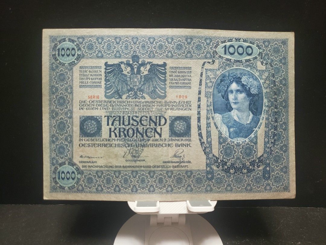 1902百年老紙大棉胎) 奥匈帝國奥地利1000克朗紙幣接近未流通品相原裝紙靚凹凸紋, 興趣及遊戲, 收藏品及紀念品, 錢幣- Carousell