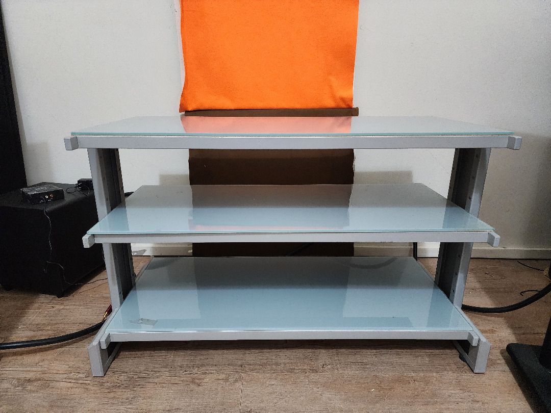 3 tier wide hifi rack (Category: Other Audio Equipment) located in Singapore. Submitted by pjwpkm (Listing ID 1379616977, Image 1). Description: 3 tier wide hifi rack with glass top. Cash and carry. Dimension: Width: 90cm Depth: 40cm Top tier height: 17cm Bottom tier height: 22cm.