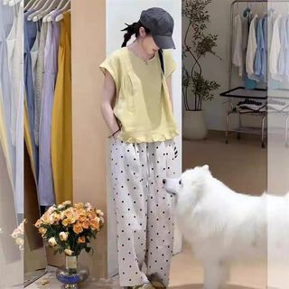 亚麻刺绣波点松弛慵懒感九分裤 M64210708117378110