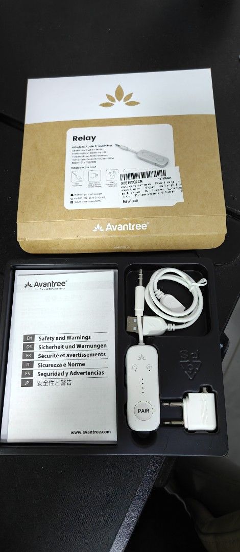 Avantree Relay - Bluetooth 5.3 Adapter for Airplanes with aptX Adaptive & Low Latency, Wireless Audio Transmitter for up to 2 Headphones or AirPods, Use for in-Flight Entertainment, TV, Tablets (Category: Portable Audio Accessories) located in Singapore. Submitted by eposz (Listing ID 1379676726, Image 2). Description: As good as new Specifications • Bluetooth version: V5.3 • Supported profiles: A2DP, AVRCP • Audio codecs: aptX, aptX Adaptive, ap