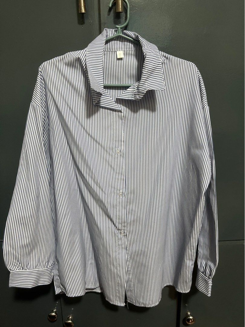 Blue striped button down longsleeve polo (Category: Longsleeves) located in Manila. Submitted by _fromrani (Listing ID 1379597483, Image 2). Description: - bought from TT shop - used only once as a cover up - best fits M, oversized na for S .