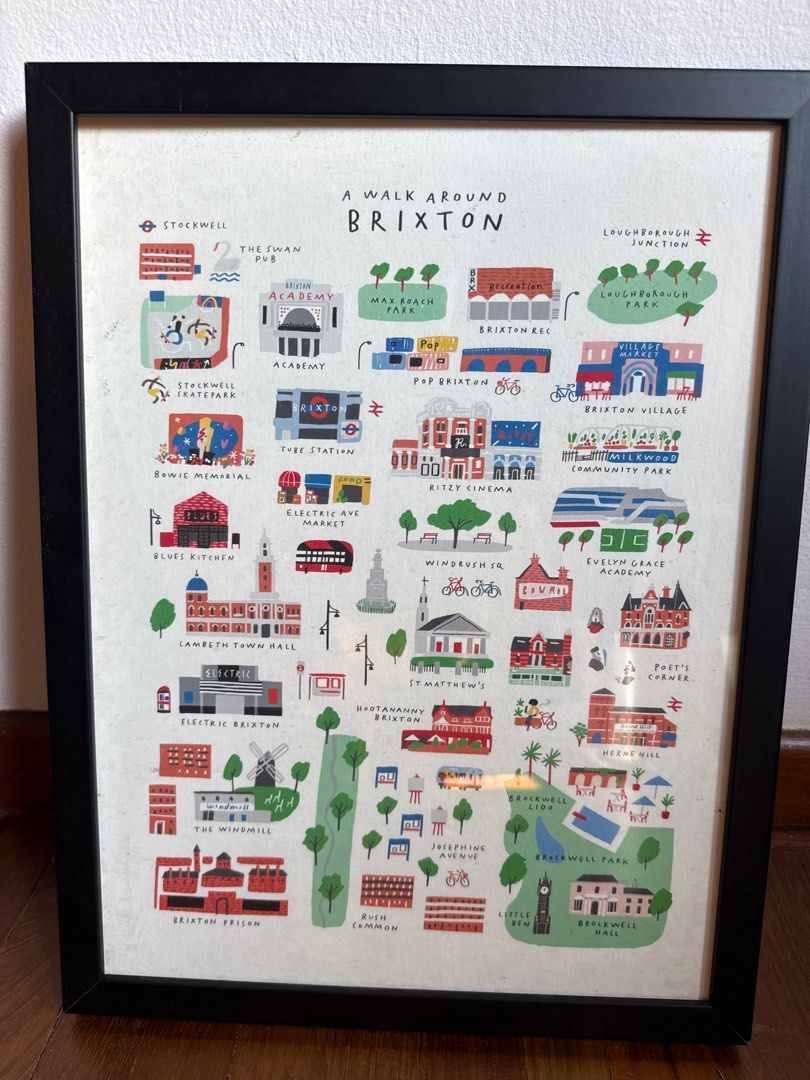 Brixton Illustrated Map Print - Framed