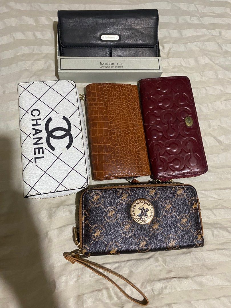Bundle wallets!!!super sale!!! (Category: Wallets & Card holders) located in Tarlac. Submitted by browna9 (Listing ID 1379626801, Image 1). Description: Bundle of 5 wallets!sale! Sale! Super sale!! Chanel zip - very good condition class A Coach zip - Og well used Beverly polo club zip Og - in very good condition Liz claiborne 3 fold og - unused with box Brown wallet bifold - in very good condition so nice .