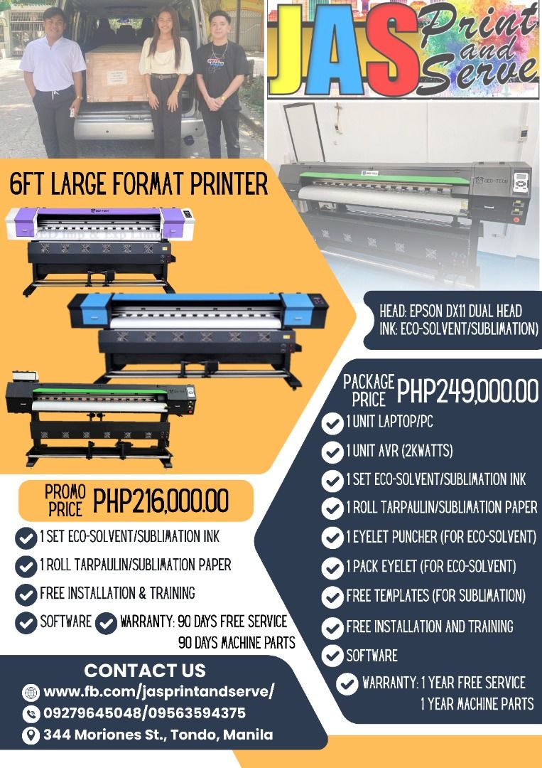 DUALHEAD DX11 Printer Machine for Jersey Sublimation (Category: Printers, Scanners & Copiers) located in Manila. Submitted by abbyconde (Listing ID 1379604123, Image 2). Description: Printhead: DX11/i3200 *Application: Eco Solvent/Sublimation *Size: 6ft/10ft *with Warranty *Free Installation and Training *with lots of Freebies *After Sales Support!!! For more details, kindly contact; Name: Abby Conde Position: Sales Consultant Company: JASPRINT A