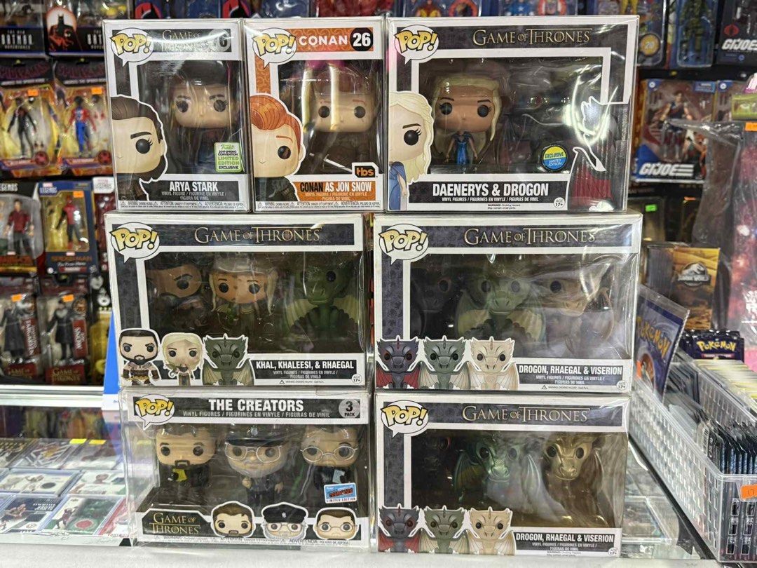 Funko Pop Game Of Thrones (Category: Designer & Blind Box Toys) located in San Juan City. Submitted by HOBBYLINE (Listing ID 1379683146, Image 1). Description: Funko Pop Game Of Thrones (Vaulted) Arya Stark-1,999 Conan as John Snow-2,799 Daenerys & Drogon-5,999 Khal,Khaleesi & Rhaegal-4,999 Drogon,Rhaegal & Viserion-13,999 Drogon,Rhaegal & Viserion Metallic-15,999 The Creators-4,499 All Brandnew/NOOB W/Soft Protectors Actual Photos Pickup at Hobb