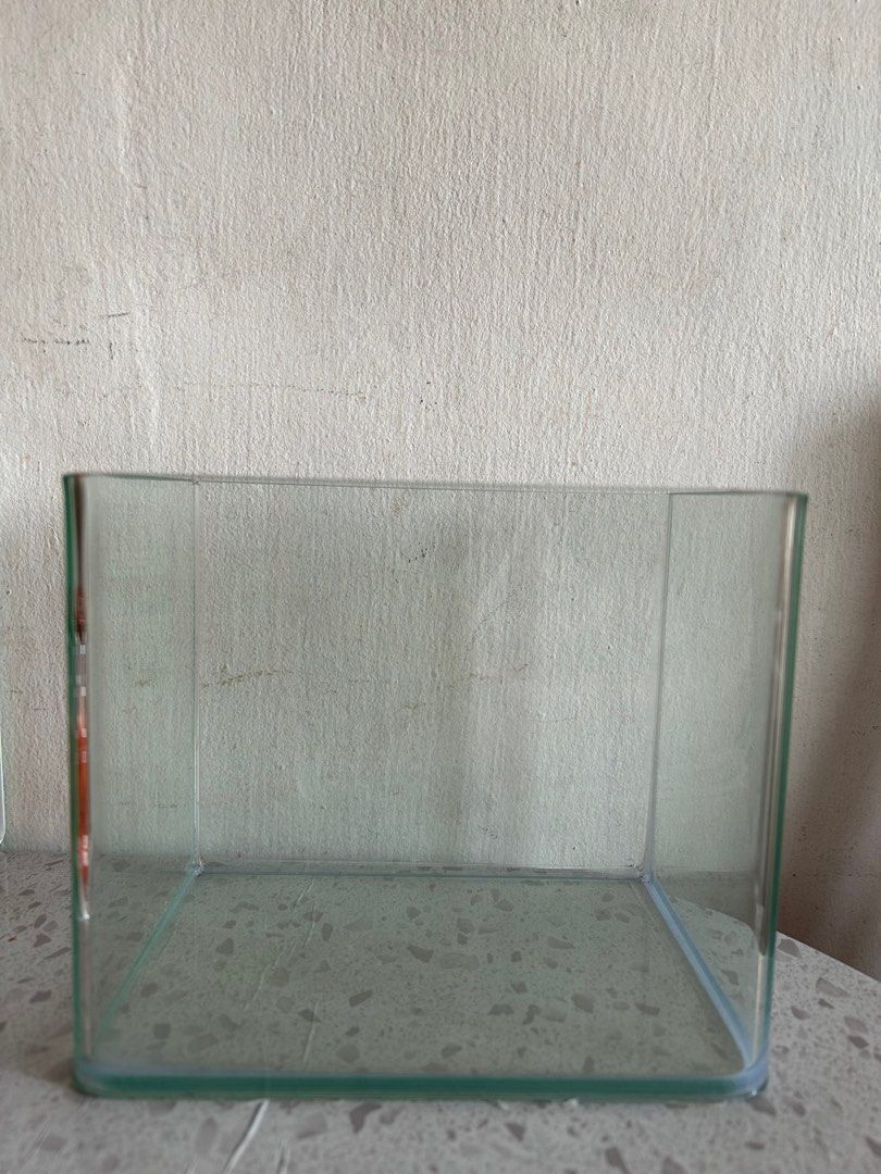 Glass Aquarium Tank (18x13x15cm) (Category: Homes & Other Pet Accessories) located in Singapore. Submitted by emer.er (Listing ID 1379635516, Image 2). Description: This is a frameless glass aquarium tank. It is in good condition and ready for use. The tank is suitable for small fish or aquatic plants. It is clean and has no visible cracks or damage. Total qty available: 6.
