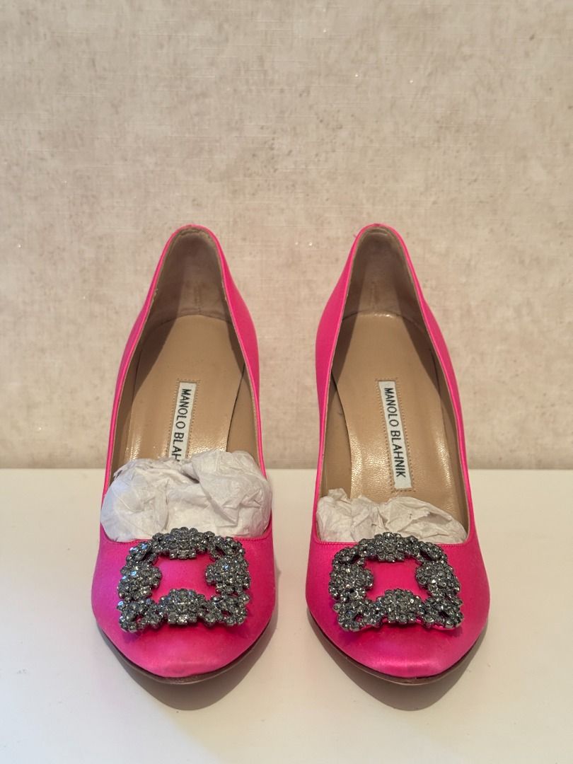 Manolo Blahnik Hangisi Crystal Buckle Pump Hot Bright Pink
