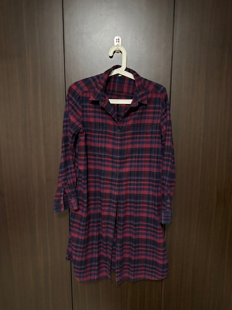 Muji Burgundy Plaid Flannel Dress, Women's Fashion, Dresses Sets