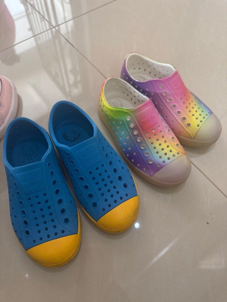 Shoes (Category: Babies & Kids Fashion) located in Singapore. Submitted by kaushalya.ranaweera (Listing ID 1379564071, Image 1). Description: Size 28 Native hardly worn. The Rainbow original price $99 and the blue &50.