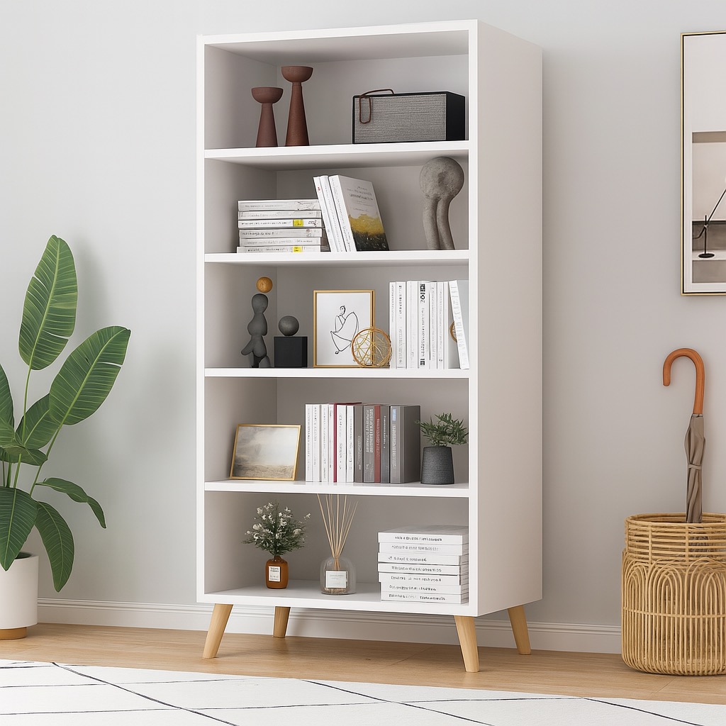 Tall Display Bookcase | White Wood Bookshelf Cabinet | Modern Standing ...