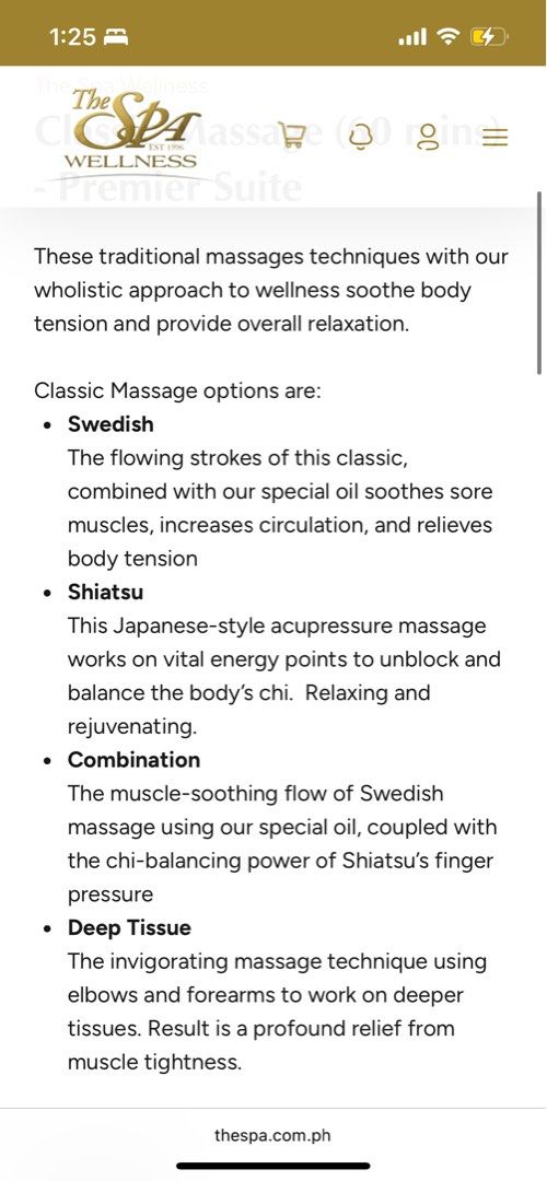 The Spa Classic Massage Premier Suite with Jacuzzi (60mins) (Category: Body Care) located in General Trias. Submitted by ddayao (Listing ID 1379542726, Image 3). Description: Original price ₱2450 Selling for only ₱1900 Save ₱550 4 pcs available You deserve to spoil yourself or treat a loved one to The Spa Wellness! No expiry.