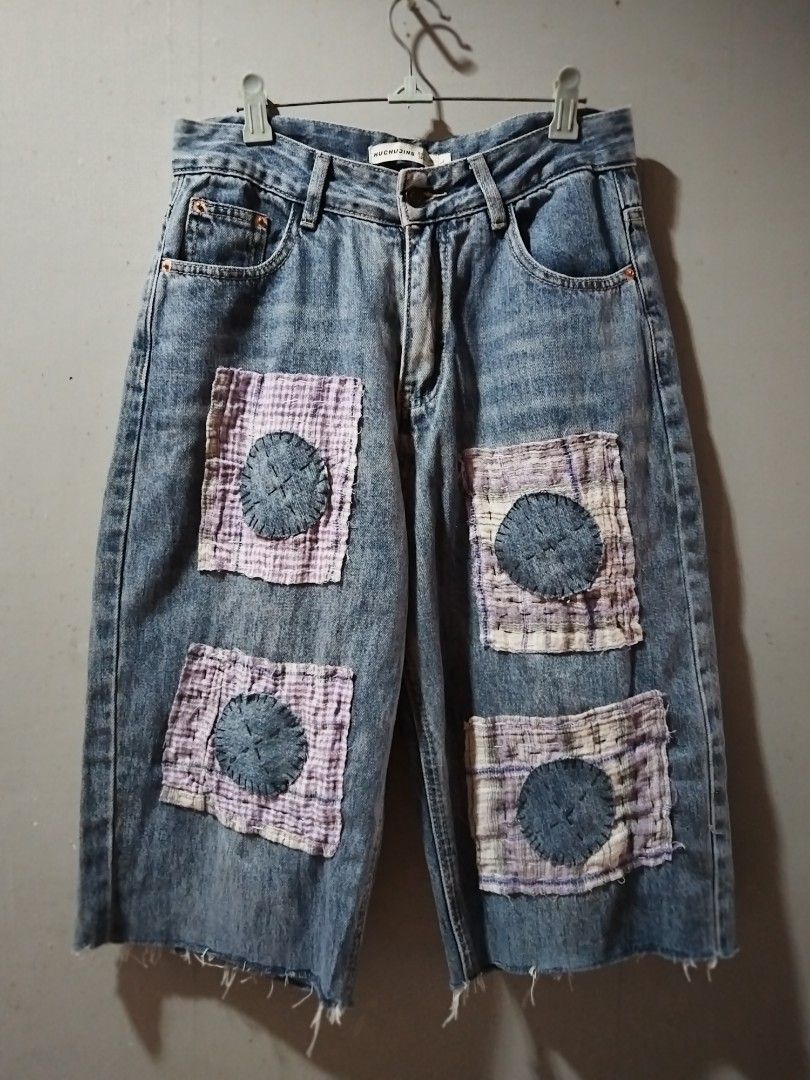 Upcycled baggy denim jorts (Category: Other Bottoms) located in Calamba. Submitted by mimabuy (Listing ID 1379598742, Image 2). Description: personally redesigned by me 1 of 1 design, from pants to jorts size description waist: 28" | length: 26" Good Condition.