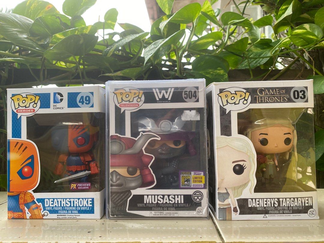 Assorted Funko Pops (Deathstroke, Daenerys, Musashi) (Category: Designer & Blind Box Toys) located in Tanauan. Submitted by funkowliver (Listing ID 1384059102, Image 1). Description: Funko Pop! Westworld: Musashi SDCC 2017 Exclusive Vinyl Figure - 1,300 php Funko Pop! DC Comics PX Previews Exclusive Deathstroke - 400 php Funko Pop! Game of Thrones: Daenerys Targaryen Vinyl Figure (BOOTLEG) - 300 php Take all Funko Pop: 1,700php.