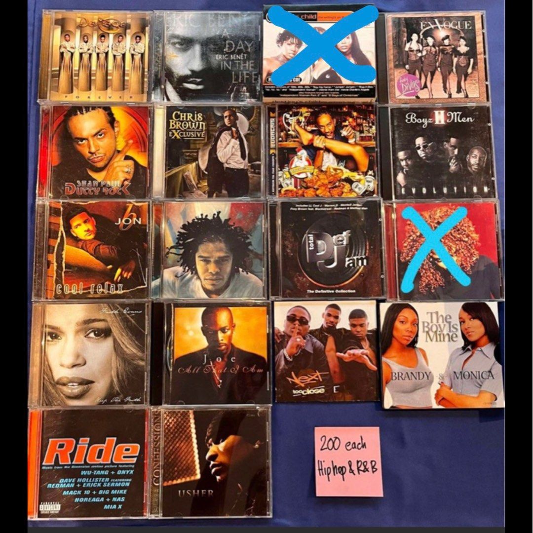Hiphop and R&B CDs (Category: CDs & DVDs) located in Quezon City. Submitted by junkstar2020 (Listing ID 1320208588, Image 1). Description: IMPORTANT! These are ₱200 each Circa 90s and 2000s Damage, Eric Benet, En Vogue, Sean Paul, Chris Brown, Ludacris, Boyz II Men, Jon B, Maxwell, Def Jam best of, Faith Evans, Joe, Next, Brandy n Monica, Ride OST, Usher.