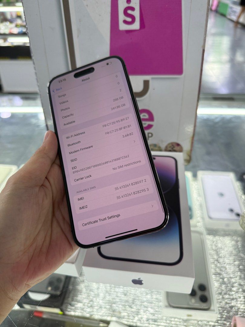 iphone 14 pro max 256gb 2ndhand (Category: iPhone 14 Series) located in Cainta. Submitted by vine_gadget_shop (Listing ID 1384105087, Image 3). Description: iphone 14 pro max 256gb 2ndhand ntc variant factory unlocked with box and cord replaced pick up store greenhills shopping center we accept trade in we accepy credit card and ggives installment we do cod and door to door we ship nationwide for fast transaction call 09277368323 look for vine vi