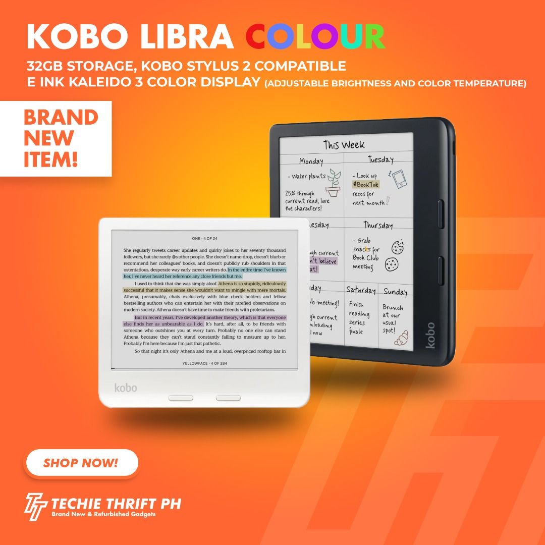 Kobo Libra Colour 32GB ON HAND (Category: E-Readers) located in Quezon City. Submitted by jerreyess (Listing ID 1384100755, Image 1). Description: Kobo Libra Colour 32GB LATEST MODEL ON HAND *SAME DAY DELIVERY* BLACK = 15,990 WHITE = 15,990 ✨ BRAND NEW AND SEALED 💯 AUTHENTIC FEATURES: ✔️7" E Ink Kaleido™ 3 display with FastGLR and Dark Mode ✔️300 PPI—black-and-white content, 150 PPI—color content ✔️32GB Memory ✔️Dual 2.0 GHz ✔️Kobo Stylus 2 Comp
