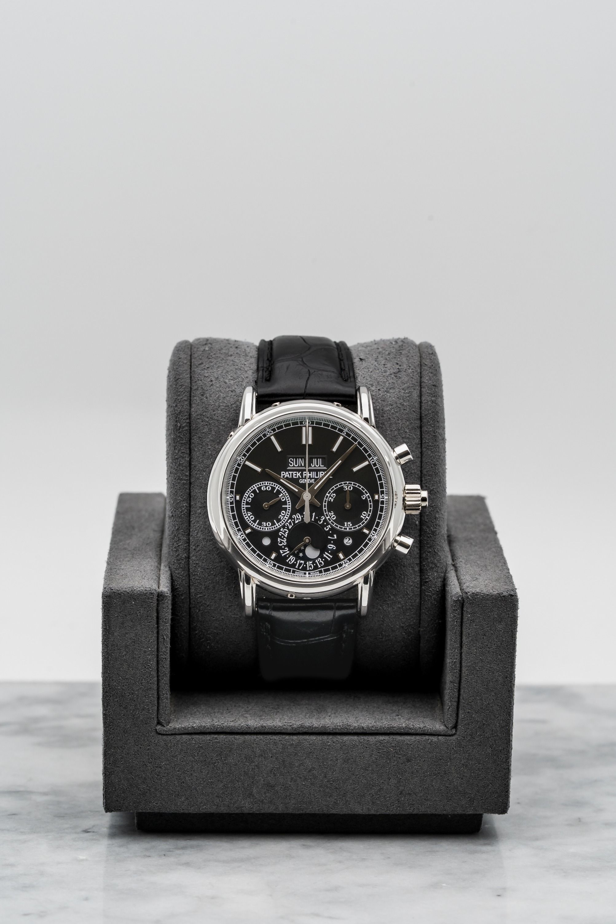 Patek Philippe 5204P-011 – Split-Seconds Chronograph Perpetual Calendar, Platinum • Watch Only (Category: Watches) located in Singapore. Submitted by timetells (Listing ID 1384106620, Image 1). Description: Brand: Patek Philippe Model: Split-Seconds Chronograph Perpetual Calendar Reference Number: 5204P-011 Year: Unknown Case Size: 40mm Case: Platinum Dial: Black Opaline with Applied White Gold Markers Strap: Black Alligator Leather Strap Movemen