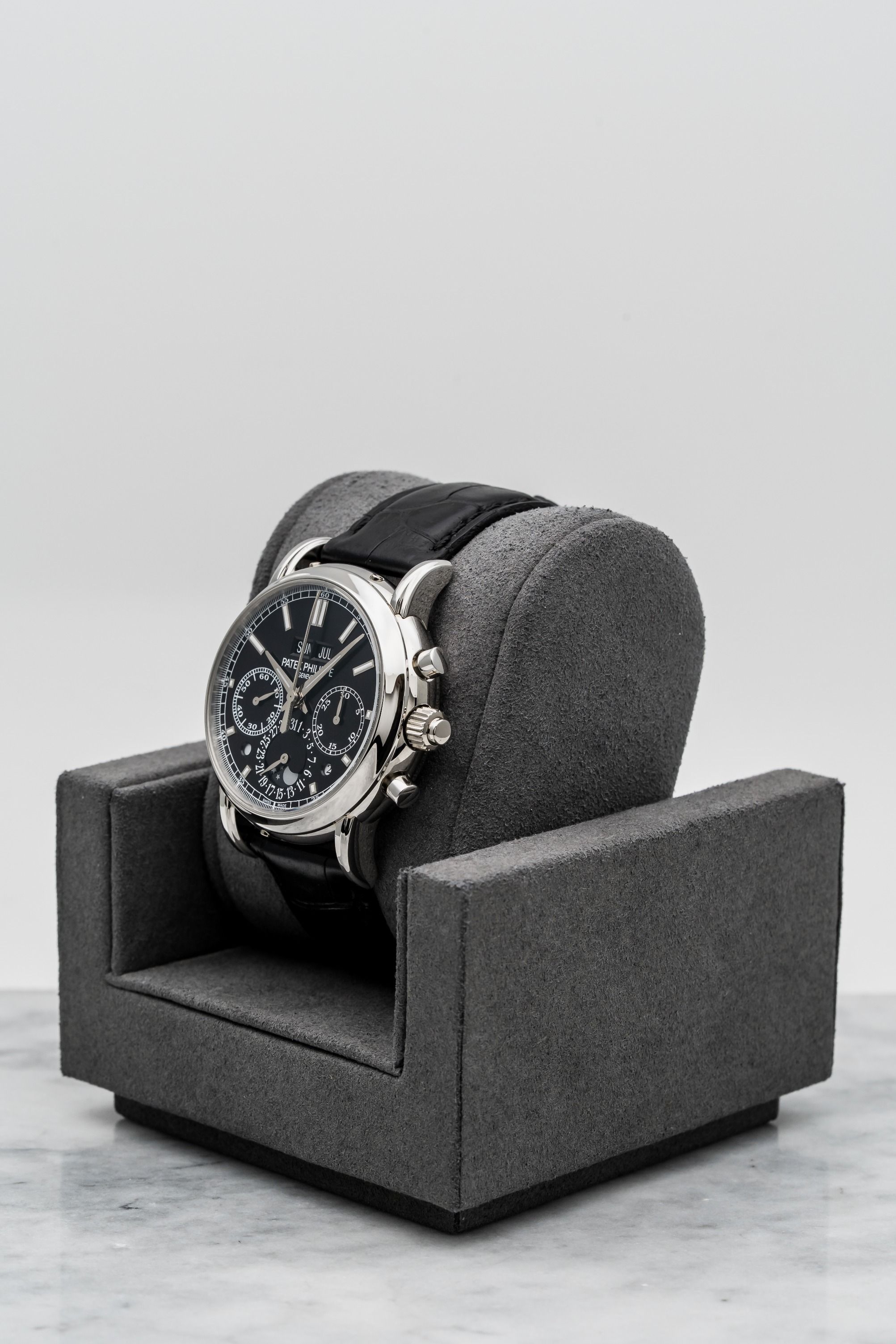 Patek Philippe 5204P-011 – Split-Seconds Chronograph Perpetual Calendar, Platinum • Watch Only (Category: Watches) located in Singapore. Submitted by timetells (Listing ID 1384106620, Image 2). Description: Brand: Patek Philippe Model: Split-Seconds Chronograph Perpetual Calendar Reference Number: 5204P-011 Year: Unknown Case Size: 40mm Case: Platinum Dial: Black Opaline with Applied White Gold Markers Strap: Black Alligator Leather Strap Movemen