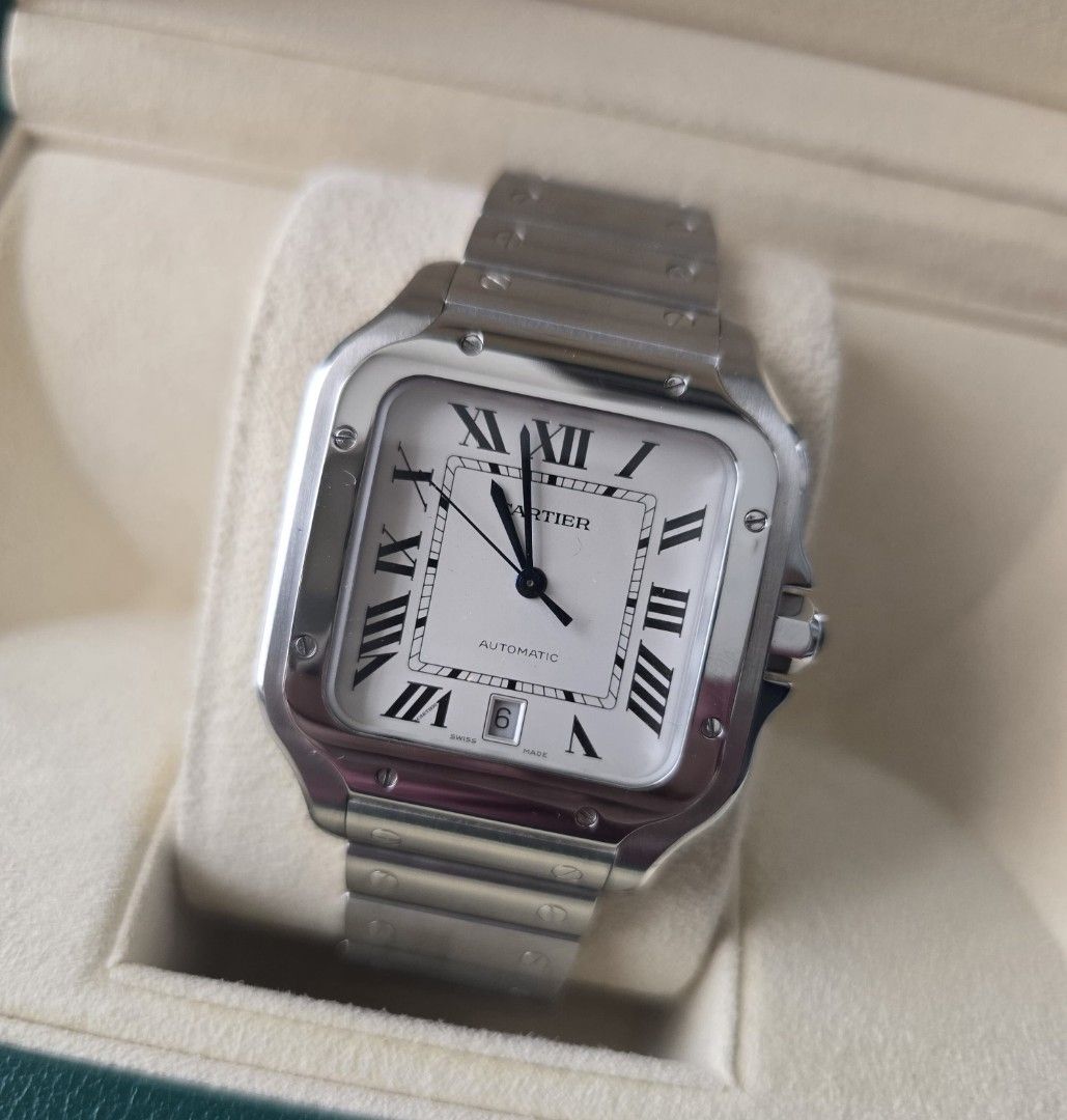 Cartier Santos Large 40mm 2022 (Category: Luxury Watches) located in Mandaluyong City. Submitted by 88nac (Listing ID 1385933535, Image 1). Description: For sale: Cartier Santos Large 40mm White dial Full set With leather strap 9.8/10 condition Warranty until 2030 PM for inquiries.