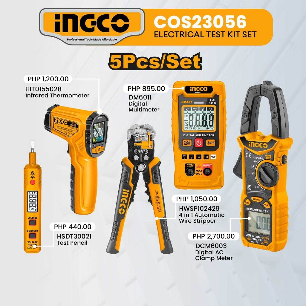 Ingco Electrical Test Kit Digital Clamp Meter Multimeter Test Pencil Thermometer Combo Set (Category: Construction Tools & Equipment) located in San Pedro. Submitted by croissants.ph (Listing ID 1385925303, Image 1). Description: (helping a friend to sell) Ingco Electrical Test Kit Digital Clamp Meter Multimeter Test Pencil Thermometer Combo Set * Never been used * RFS: Akala magagamit — MOD: Lalamove only — MOP: Gcash — Loc: Angono, Rizal.