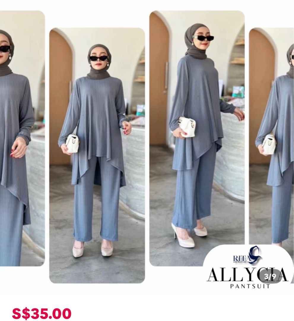 Modest sets (Category: Baju Kurung & sets) located in Singapore. Submitted by wildflowerr (Listing ID 1385874349, Image 1). Description: washed and kept very well! Almost perfect $18 each Take all 3 for $48 1st item Grey high low 2nd item with the elastic sleeve is actually navy blue 3rd item is blueish purple shade .