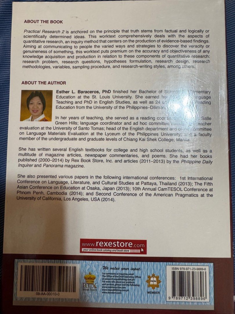 Practical Research 2 (Category: Textbooks) located in Manila. Submitted by ms.xenia (Listing ID 1385897653, Image 2). Description: This book is used but looks brand new – no markings, no folds, no damage. Perfect for readers who want a quality copy at a lower price! MOP: Gcash/Banktransfer MOD: Lalamove or J&T.