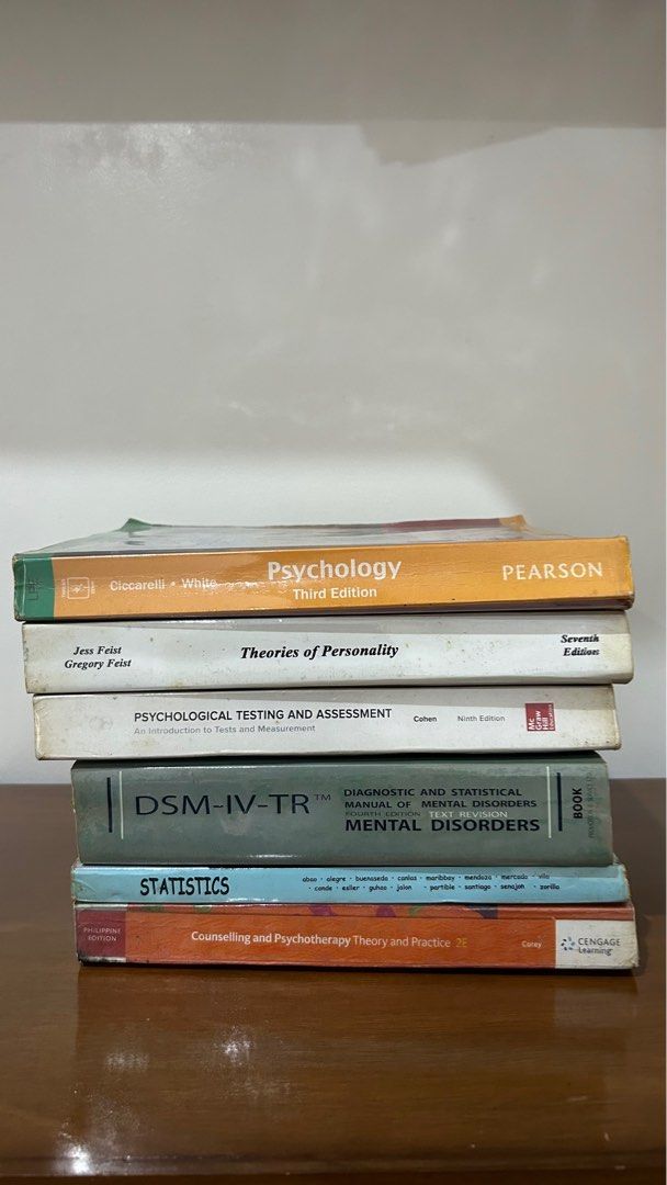 Psychology Books (Category: Textbooks) located in Quezon City. Submitted by madmaxx70 (Listing ID 1385847436, Image 1). Description: Take all - ₱800 Per piece - ₱150 Theories of Personality - Sold Psych Assessment - Sold Psychology - Sold DSM - Sold Psych assessment - Sold With highlight but still readable.