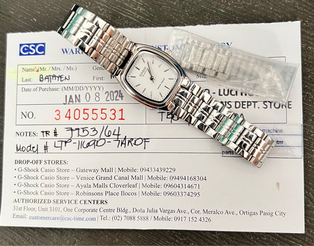 RUSH casio watch (Category: Women's Watches) located in Batangas. Submitted by ishield21 (Listing ID 1385851169, Image 2). Description: bought january last year sa mall used once lang po comes with its original box, and remaining stainless strap rush sale i needed funds for my sons medication .